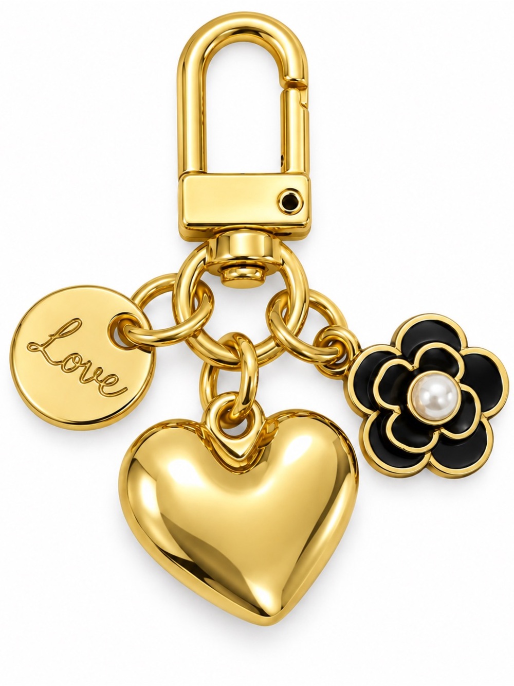 Gold Heart & Black Flower Charm Love Keychain